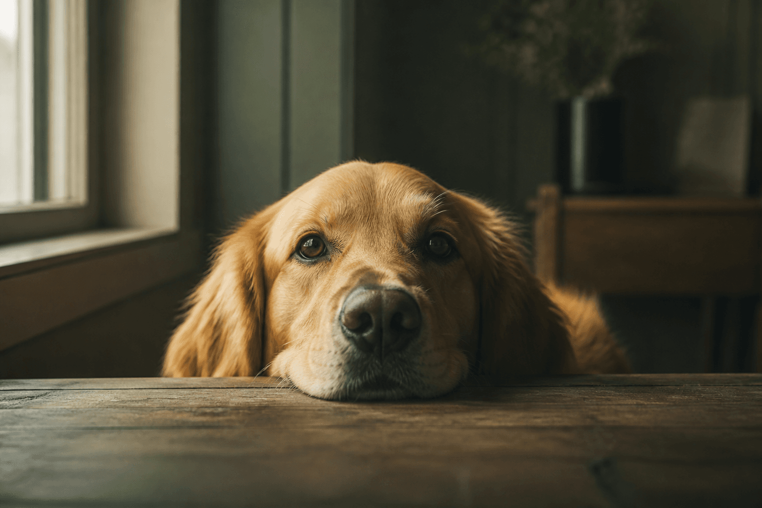 Un golden retriever pose son menton sur une table en bois près d'une fenêtre